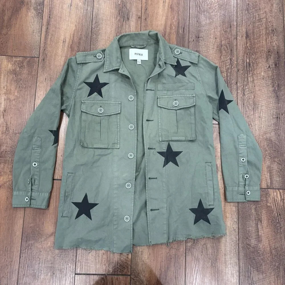 Pistola Camilo Jacket Womens Small Green Military Army Star Print Royal Honor
